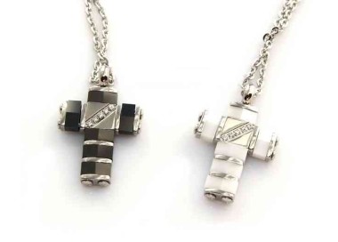 RMB|stainless steel  necklace rolo 'cross pendant black or white ceramic and zk stones