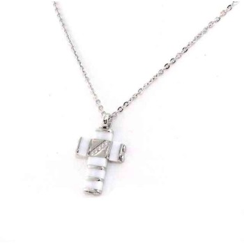 RMB|stainless steel  necklace rolo 'cross pendant black or white ceramic and zk stones