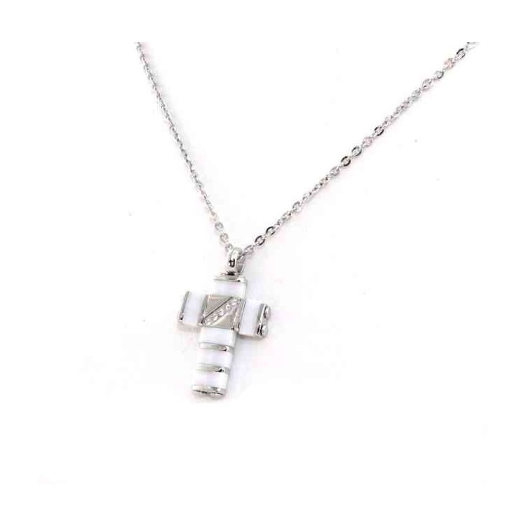 RMB|collana in acciaio anallergico con croce ceramica e zirconi bianca