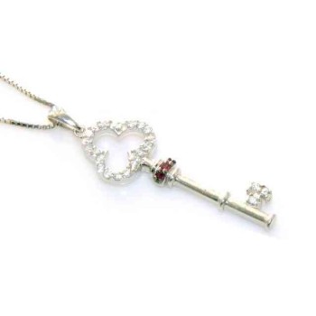 RMB|fine silver : Women's Necklace with pendant key zirconia white and dark pink