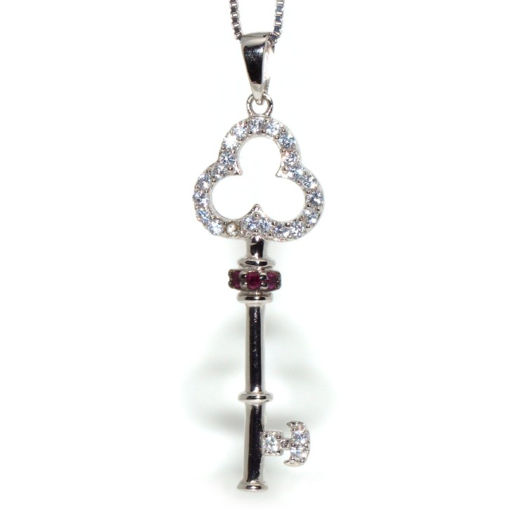 RMB|fine silver : Women's Necklace with pendant key zirconia white and dark pink