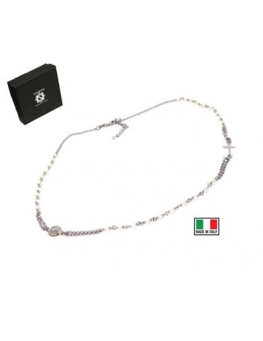 Rosary necklace 925 silver with round with 48 + 5 white pearls