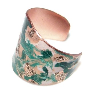 RMB|Anello aperto regolabile anse CopperFantasy smalto verde panna glitter