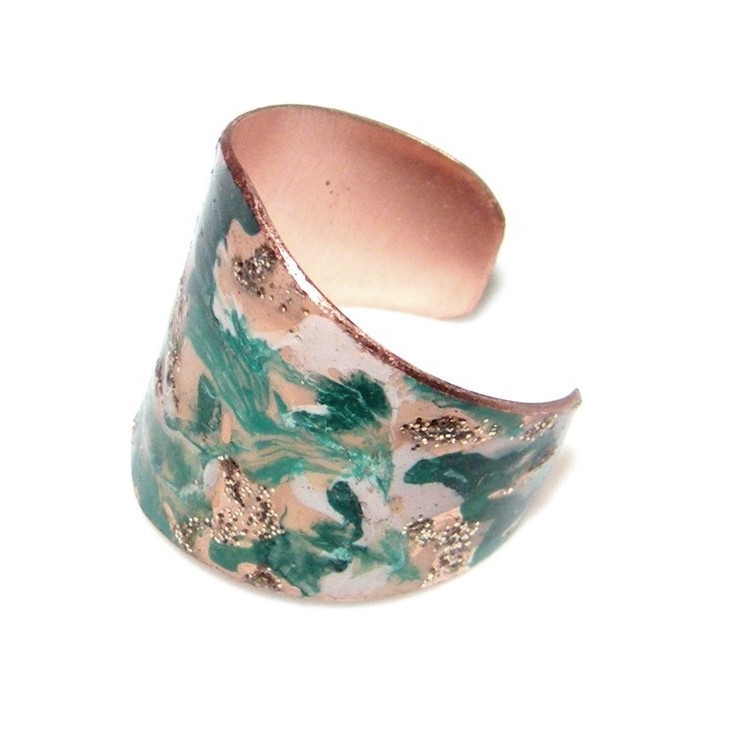 RMB|Anello aperto regolabile anse CopperFantasy smalto verde panna glitter