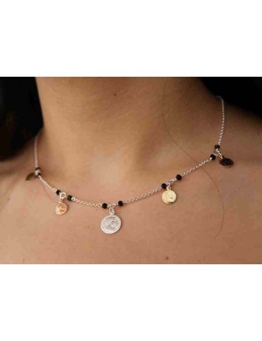 Collana Argento 925 monete 3 colori e cristallo nero