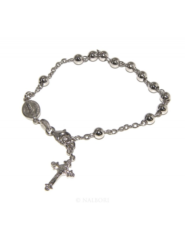Bracciale rosario Argento 925 croce lavorata 18-19 cm palline da 5 mm rodiato