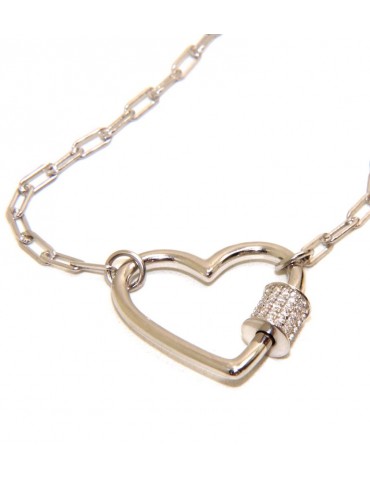 Heart necklace zircons 925 silver paperclips woman rhodium NALBORI