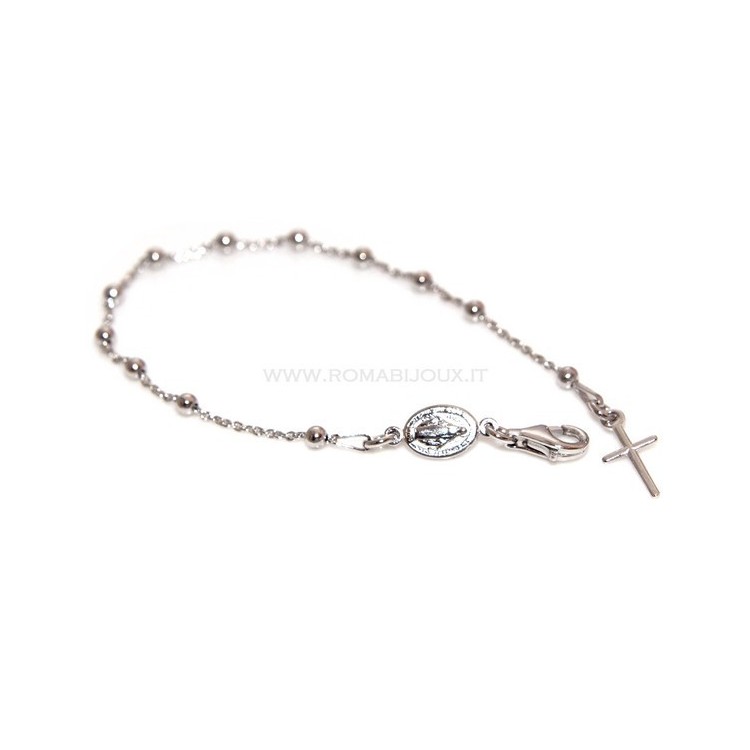 RMB|Bracciale rosario uomo o donna in Argento 925 croce liscia rod Oro bianco palline 3mm