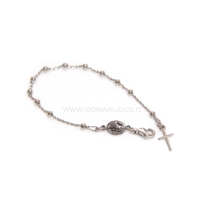 RMB|Bracciale rosario uomo o donna in Argento 925 croce liscia rod Oro bianco palline 3mm