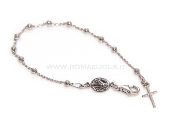 RMB|Bracciale rosario uomo o donna in Argento 925 croce liscia rod Oro bianco palline 3mm