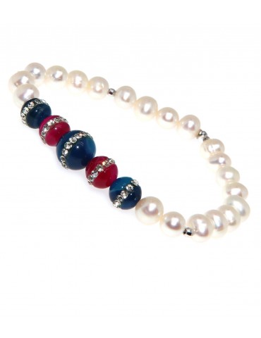 Pearl bracelet with blue and fuchsia agate and elastic woman zircons