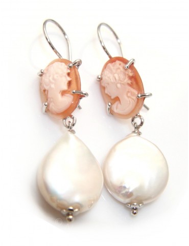 Earrings Silver 925 clear baroque pearl cameo profile of natural woman