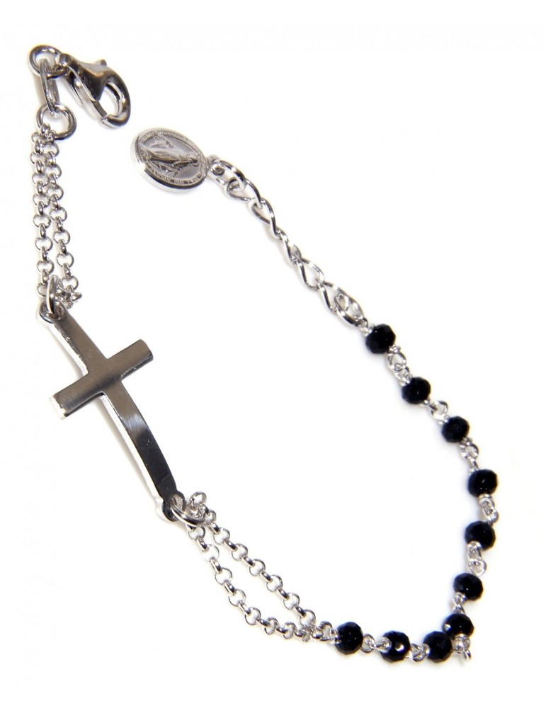 rosario bracciale Argento 925 madonna miracolosa, croce convessa e cristallo nero cm 15/17,50