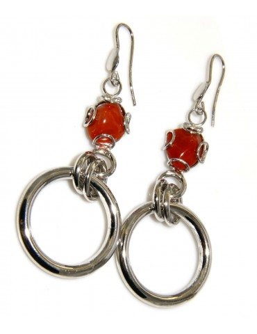925 Silver red coral earrings with circle pendants