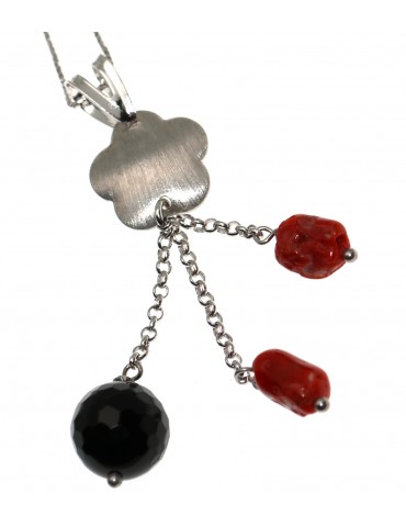 925 silver necklace pendant in Onyx and natural Coral choker