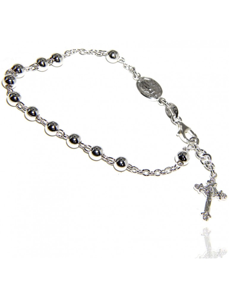 Bracciale rosario uomo donna in Argento 925 croce lavorata 18-19 cm palline da 5 mm chiaro