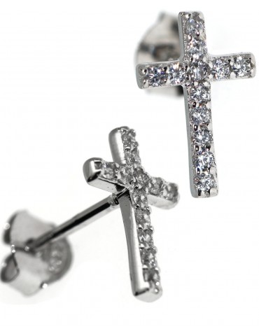 Silver 925: man / woman earrings light cross pendant white zircon 11x7.5 mm
