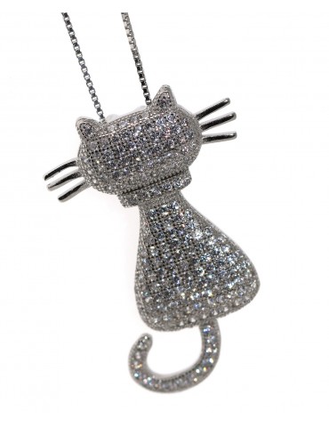 Cat necklace silver 925 billiant zircons big white pendant NALBORI