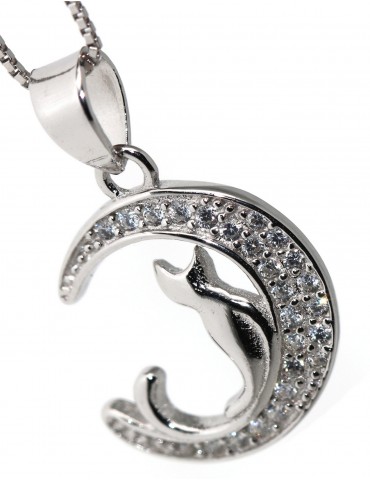 collier cat and moon pendant in 925 silver with zircons pavé necklace