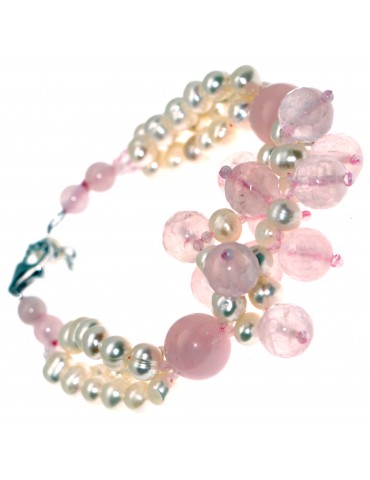 bracciale argento 925 pietre di quarzo rosa e perle d'acqua dolce naturali donna
