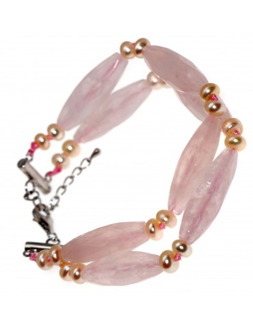 bracciale argento 925 losanghe di pietre di quarzo rosa e perle d'acqua dolce naturali donna